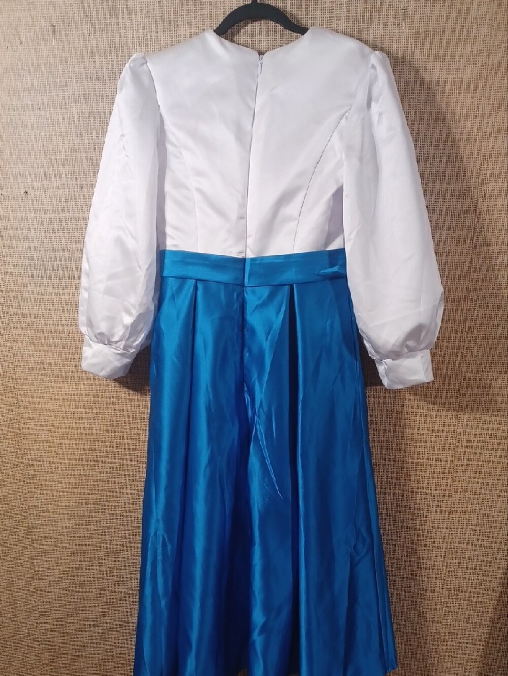 White and Bright Blue V-Neck Puff Sleeve Belted Dress - Picture 7 of 7